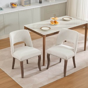 Angel Sar Set of 2 Modern Farmhouse Dining Chairs, Upholstered Wooden Kitchen Chairs with Curved Backrest & Copper Nail Detailing, Beige Fabric Seats - 1 of 4