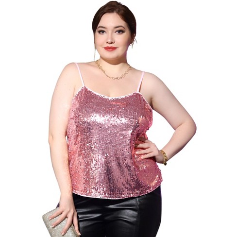 Agnes Orinda Women's Plus Size Sequined Shining Club Party Sparkle Cami  Camisole Pink 3X