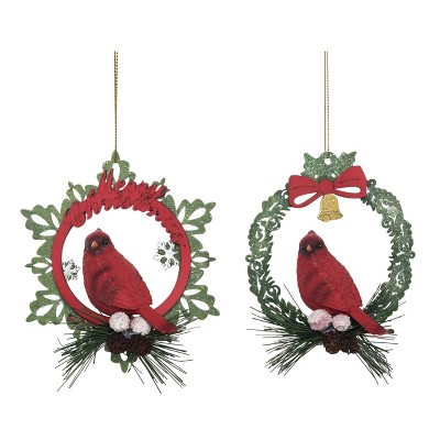 Transpac Resin 4.5 in. Multicolor Christmas Cardinal In Wreath Ornament Set of 2