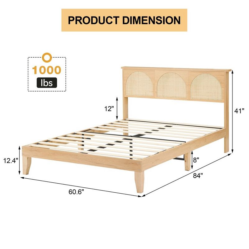 WhizMax Bed Frame with Natural Rattan Headboard, Platform Bed Frame Full Queen Size with Storage Headboard, Mattress Foundation, No Box Spring Needed, 2 of 9
