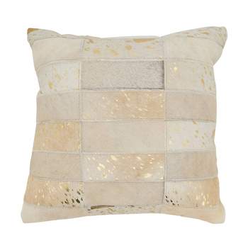 16"x16" Contemporary Hair on Leather Down Filled Square Throw Pillow Ivory - Saro Lifestyle