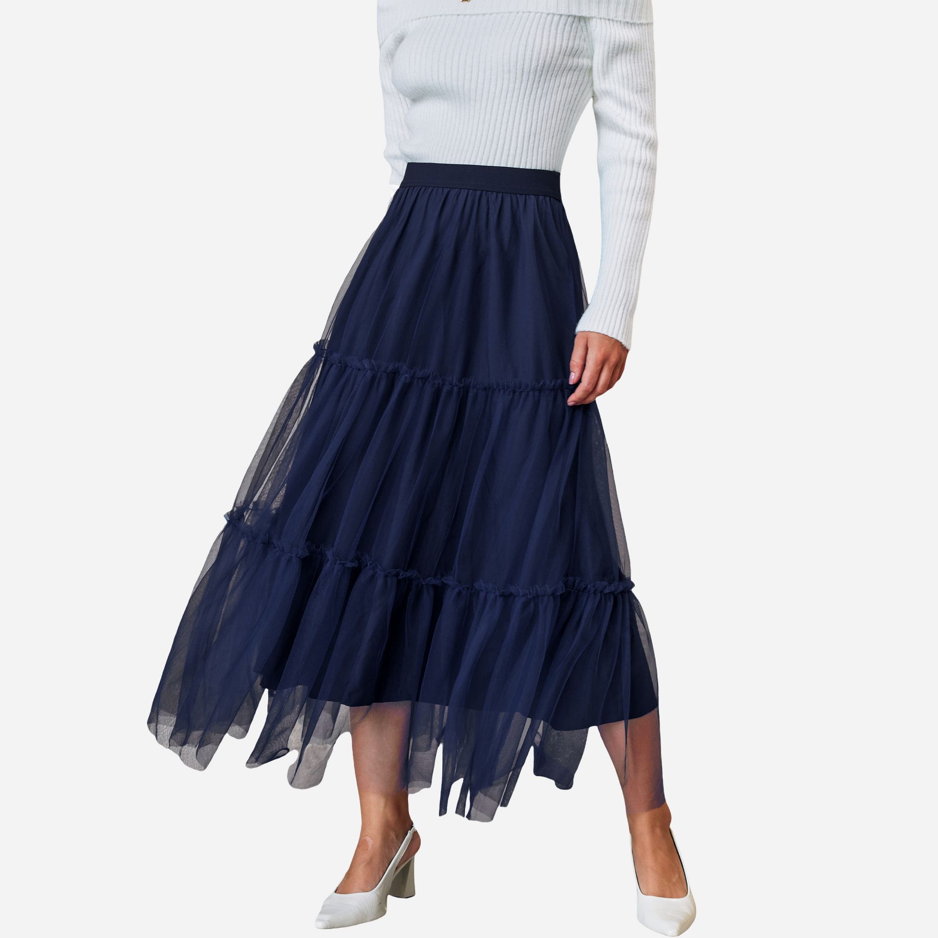 Women's Blue Elegant Tiered Mesh Tulle Maxi Skirt - Cupshe-XL-Blue