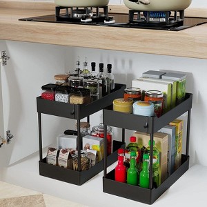 Racxily 2-Tier Under Sink Shelf, Bathroom Cabinet Organizers and Storage with 4 Hook, Storage Rack for Kitchen, Bathroom, Black - 1 of 4