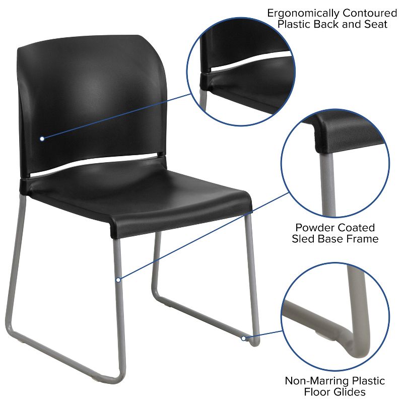 Flash Furniture HERCULES Series 880 lb. Capacity Black Full Back Contoured Stack Chair with Gray Powder Coated Sled Base, 4 of 12