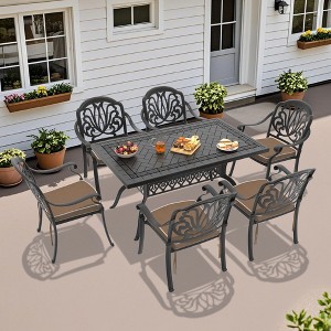Hzzkey 7-Piece Black Cast Aluminum Patio Dining Set with Brown Cushions, for Deck, Garden, Backyard - 1 of 4