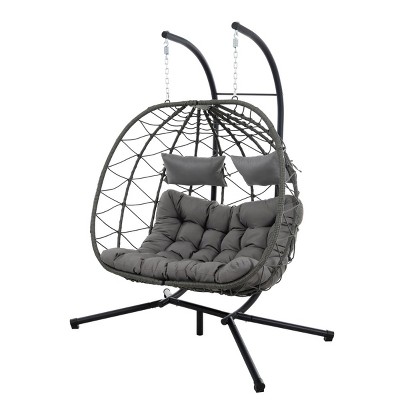 Coolbibila-Egg Chair With Stand, Swing Chair Patio With Cushions, Wicker Hanging Egg Chair, Hanging Basket Chair With Stand