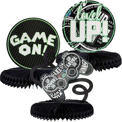 3-Pack Video Game Honeycomb Centerpiece, Gamer Birthday Party Supplies, 3 Designs