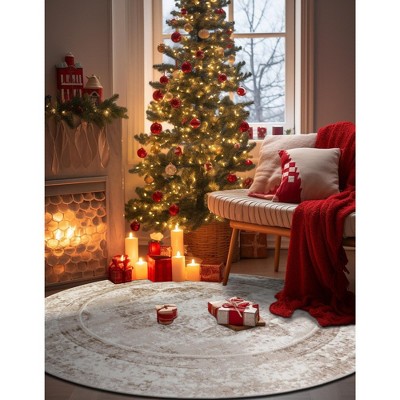 Beige and Brown Round Synthetic Easy Care Rug