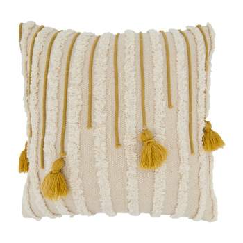 Saro Lifestyle Artisanal Tassel and Tufted Poly Filled Throw Pillow, Beige, 20"x20"