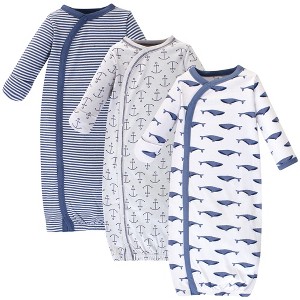 Touched by Nature Baby Boy Organic Cotton Side-Closure Snap Long-Sleeve Gowns 3pk, Blue Whale, Preemie - 1 of 4