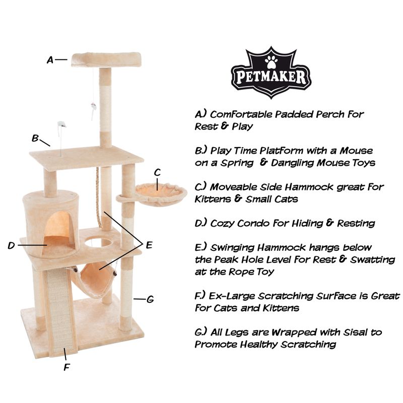 4-Tier Indoor Cat Tower - Deluxe 6-Post Scratcher with Board, Napping Perches, Sleeping Condo, Hammocks, and Hanging Toys for Cats by PETMAKER (Beige), 3 of 8