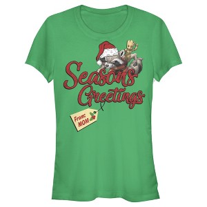 Juniors Womens Marvel Christmas Rocket & Groot Mom Greetings T-Shirt - 1 of 3