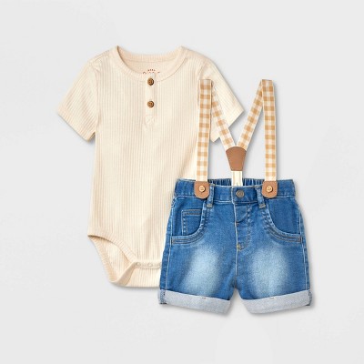 Image of Baby Boys' Ribbed Gingham Suspender Set - Cat & Jack™ White 0-3M