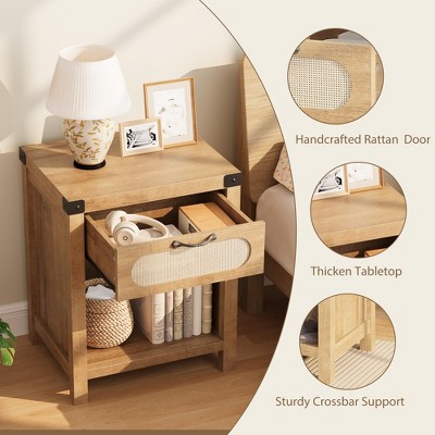 Nightstand with Drawer, Mid-Century Modern Bedside Table ¨C Boho Rattan & Iron Accents, Compact Storage for Bedroom