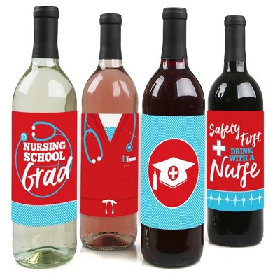 Big Dot of Happiness Nurse Graduation - Medical Nursing Graduation Party Decorations for Women and Men - Wine Bottle Label Stickers - Set of 4