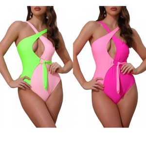 INSPIRE CHIC Women's Criss Cross Color Block O Ring Side Tie Strappy Swimwear Monokini Suit 2 Sets - 1 of 4