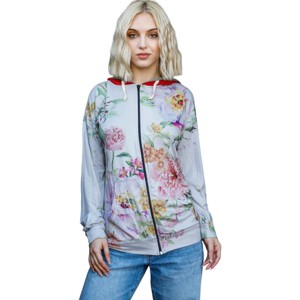 Slickblue Women's Grey Zip Hoodie with Pink Flower Print and Double Hood, Sage & Red Contrast, Size S-L - 1 of 4