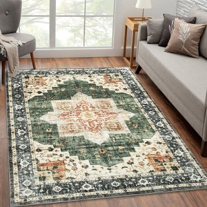 Washable Soft Rug Vintage Distressed Rug Low Pile Thin Rug Non Slip Non Shedding Accent Throw Rug for Dining Room Bedroom - 1 of 4