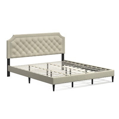 Elegant Beige California King Upholstered Bed with Nailhead Trim