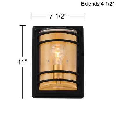 Modern Industrial Black Steel Outdoor Wall Light with Brass Accents