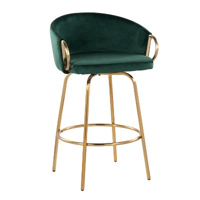 Emerald Green Velvet Swivel Counter Stools with Gold Metal Base, Set of 2