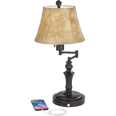 Bronze Metal Swing Arm Desk Lamp with Faux Leather Shade and USB Port