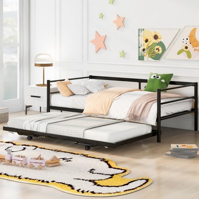 Twin Size Metal Daybed with Adjustable Trundle Bed, Pop Up Trundle-ModernLuxe