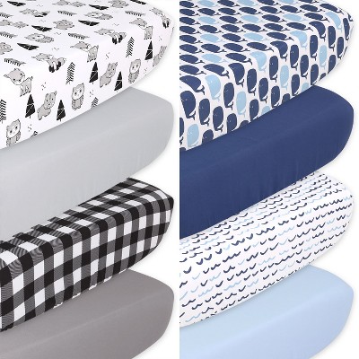The Peanutshell Woodland Animals and Nautical Fitted Crib Sheets for Boys, 8-Pack Set |Black, White, Blue