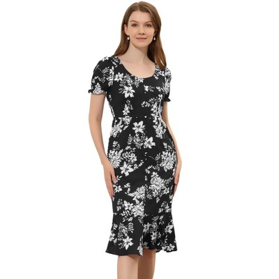 Allegra K Women's Floral Scoop Neck Ruffle Hem Fishtail Midi Dress