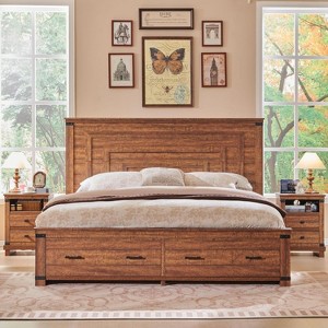SinCiDo Queen Size Farmhouse Bed Frame, 54" Tall Geometric Headboard & 2 Storage Drawers ,Solid Wood Platform w/Reinforced Slats - 1 of 4