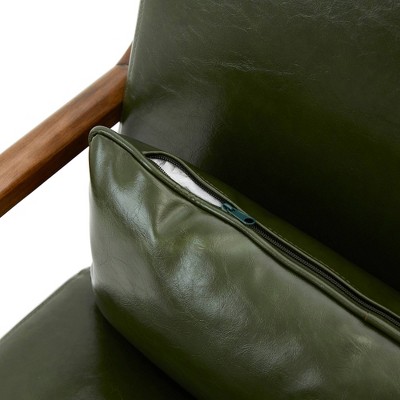 Green Faux Leather Mid-Century Modern Accent Chair with Walnut Wood Frame