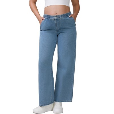 INSPIRE CHIC Women's Maternity Jeans Elastic Waist Wide Leg Long Loose Pregnancy Denim Pants with Pockets