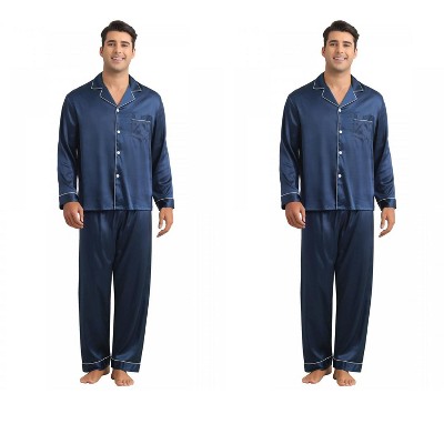 INSPIRE CHIC Men's 2 Pack Button Down Long Sleeve Casual Satin Pajamas Sets