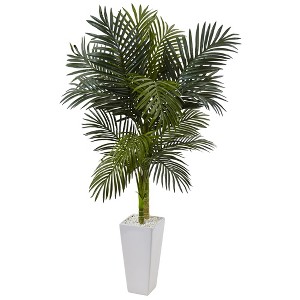 Nearly Natural 5-ft Golden Cane Palm Artificial Tree in White Tower Planter - 1 of 1