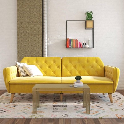 Mustard Faux Leather Tufted Twin Sleeper Sofa with Memory Foam