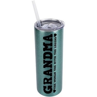 Elanze Designs Turquoise Blue 20 Ounce Double Wall Stainless Steel Glitter Travel Tumbler With Sliding Lid And Straw, Grandma The Woman The Myth The