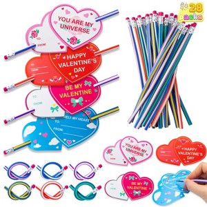 Joyfy 28 Packs  Valentines Day Cards with Bendy Pencils for Kids-Classroom Exchange Gifts Valentine's Day Party - 1 of 4