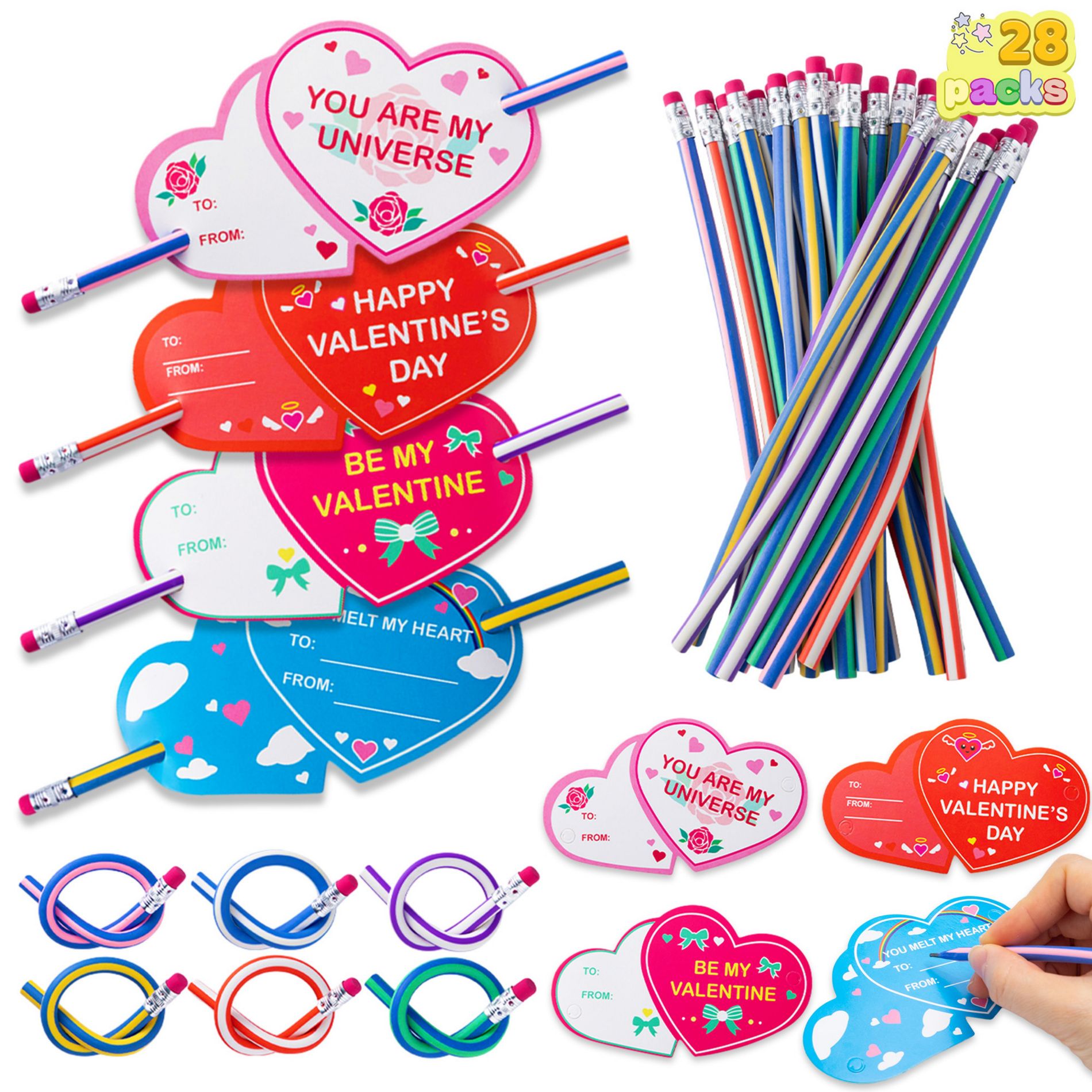 Joyfy 28 Packs  Valentines Day Cards with Bendy Pencils for Kids-Classroom Exchange Gifts Valentine's Day Party