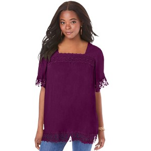 Roaman's Women's Plus Size Embroidered Lace Crinkle Top - 1 of 4