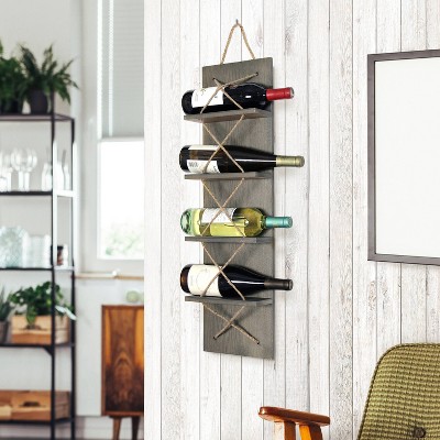 Rustic Gray Pine Wood Wall-Mounted Wine Rack with Natural Rope Accents