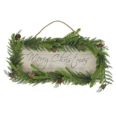 Allstate Floral 17.5" Pine Wood with Winter Foliage Merry Christmas Sign