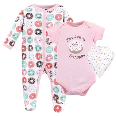 Hudson Baby Infant Girl Cotton Sleep and Play, Bodysuit and Bandana Bib Set, Donut Worry, 3-6 Months