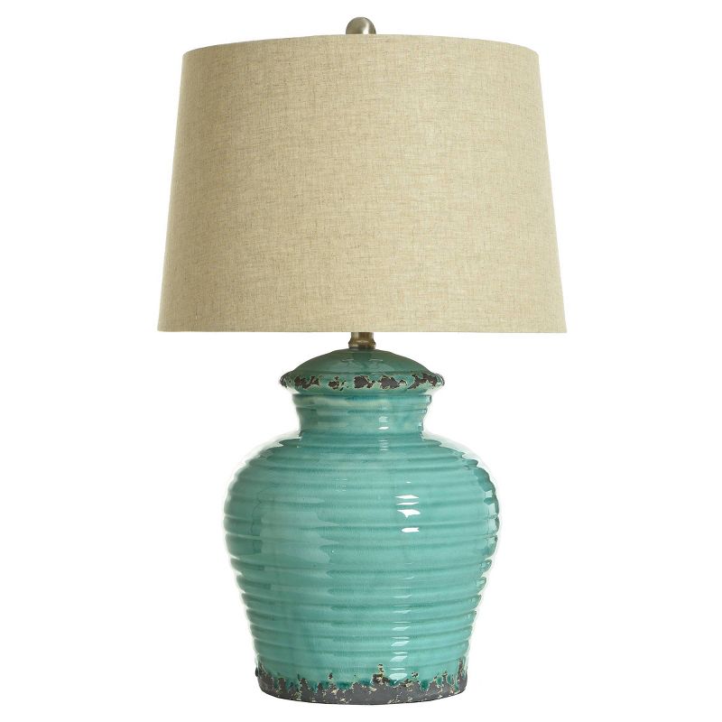 Turquoise Ceramic Table Lamp with Beige Hardback Linen Shade  - StyleCraft, 3 of 8