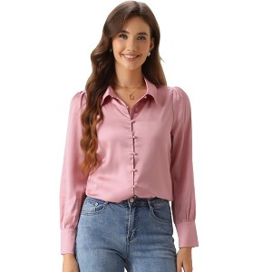 INSPIRE CHIC Women's Puff Long Sleeve Point Collar Vintage Button Work Satin Shirt - 1 of 4