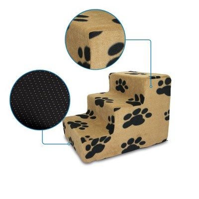 Beige 3-Step Foam Pet Stairs with Paw Print Pattern