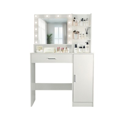 TIRAMISUBEST Vanity Desk with Mirror and Lights, Makeup Vanity with Drawer & Storage Cabinet, 3 Lighting Modes Adjustable Brightness, Dressi