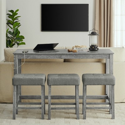 4 PCS Space-Saving Design Dining Set, Gray Wood Bar Table with Power Outlet and MDF Top, 3 Upholstered Stools with Linen Cushion-Coolbibila