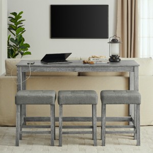 4 PCS Space-Saving Design Dining Set, Gray Wood Bar Table with Power Outlet and MDF Top, 3 Upholstered Stools with Linen Cushion-Coolbibila - 1 of 4