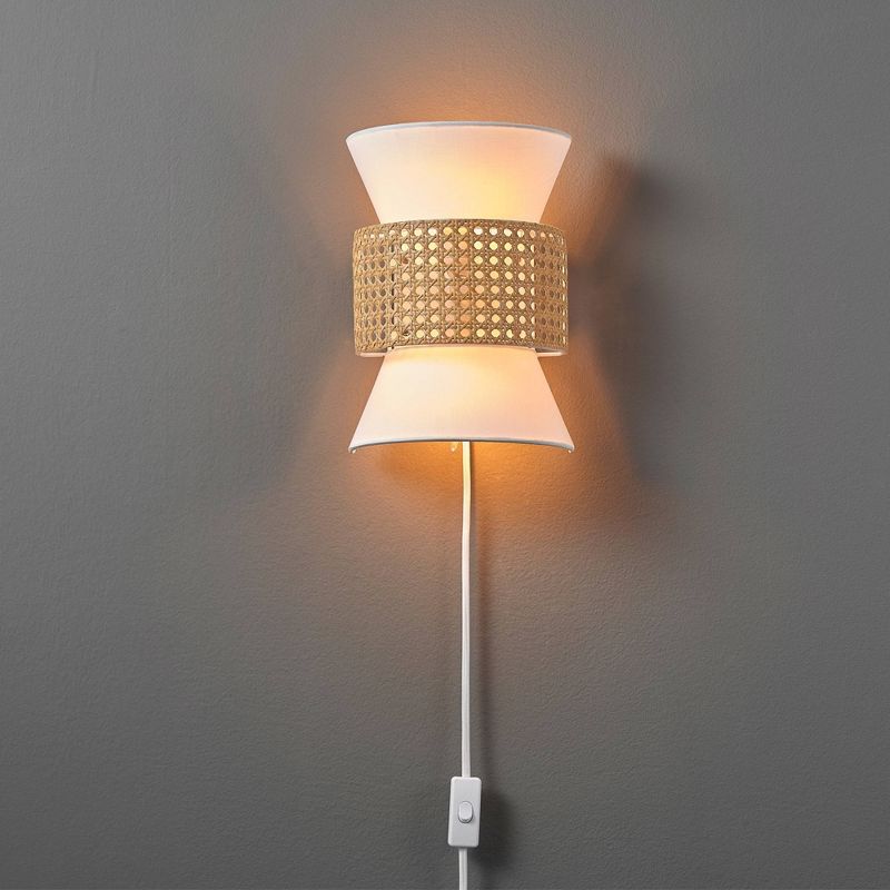 Ayla 2-Light Plug-In or Hardwire Wall Sconce with White Fabric Shade and Rattan Accent - Globe Electric, 6 of 9