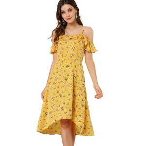 Allegra K Women's Spaghetti Straps Ruffled Sleeves Asymmetrical High Low Floral Midi Sundresses - 1 of 4